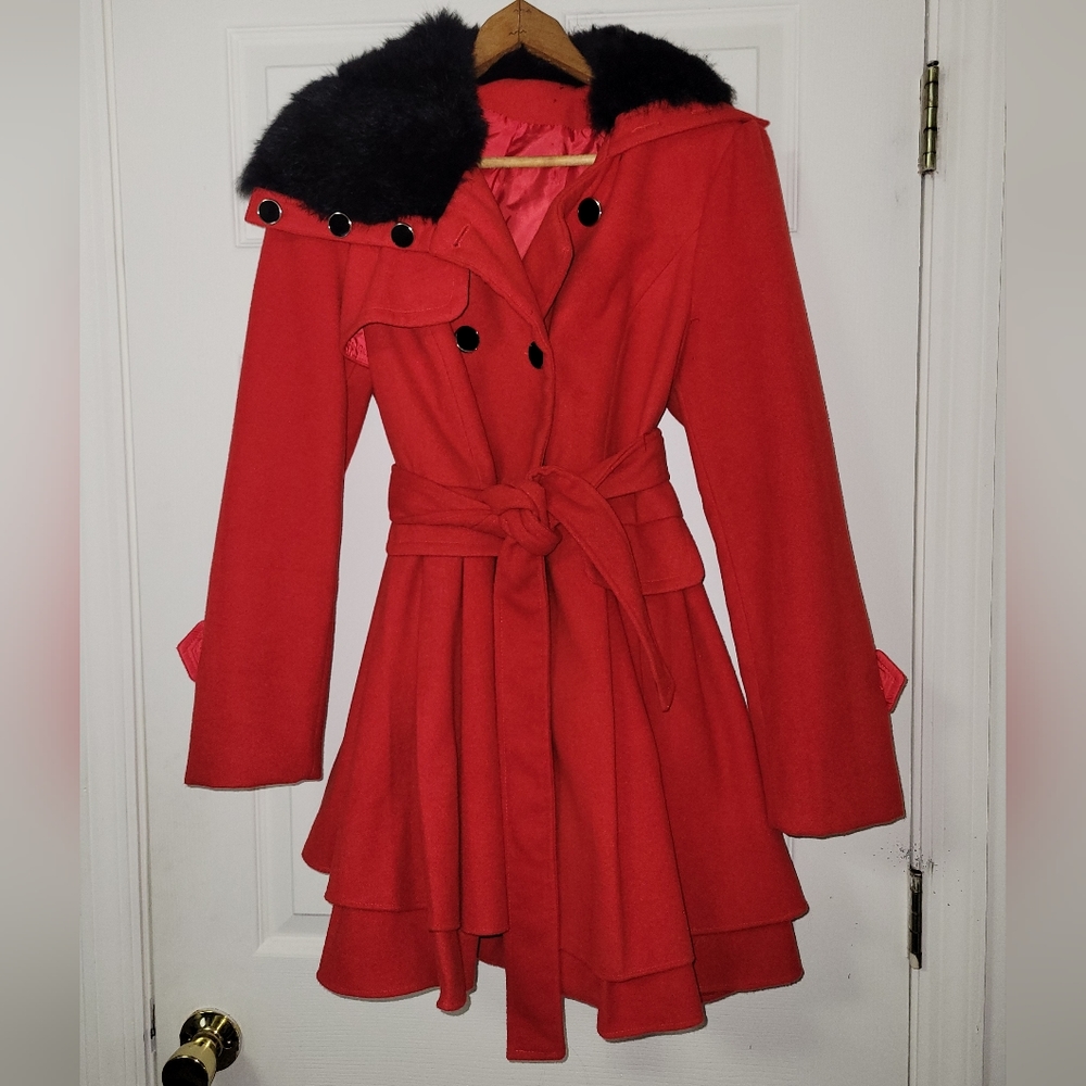 Red Faux Fir Collar Coat